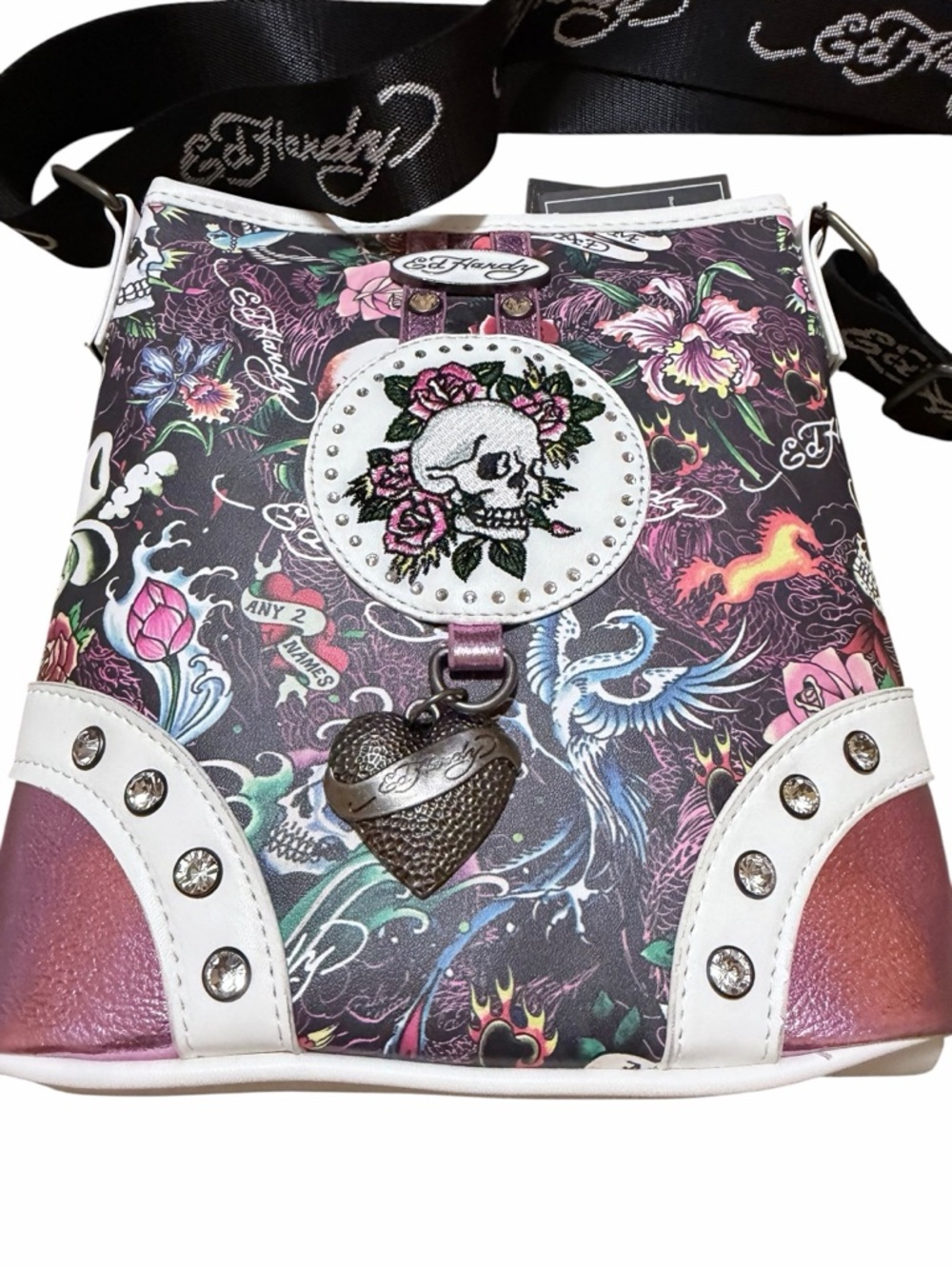 🌼💚NWT Ed Hardy Women's Slim Skull & Roses Crossbody Bag - Black & Pink - Picture 6 of 10